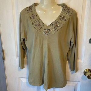 LOULOU KNITE SWEATER WOMENS XL V NECK 3/4 SLEEVE SEQUINS BEADS EMBROIDERY GREEN